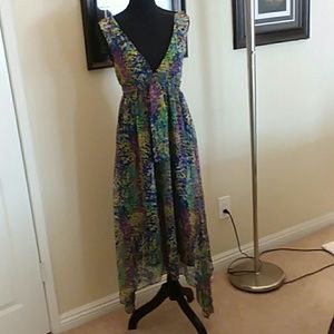 V-neck, multi floral print, scarf hem dress